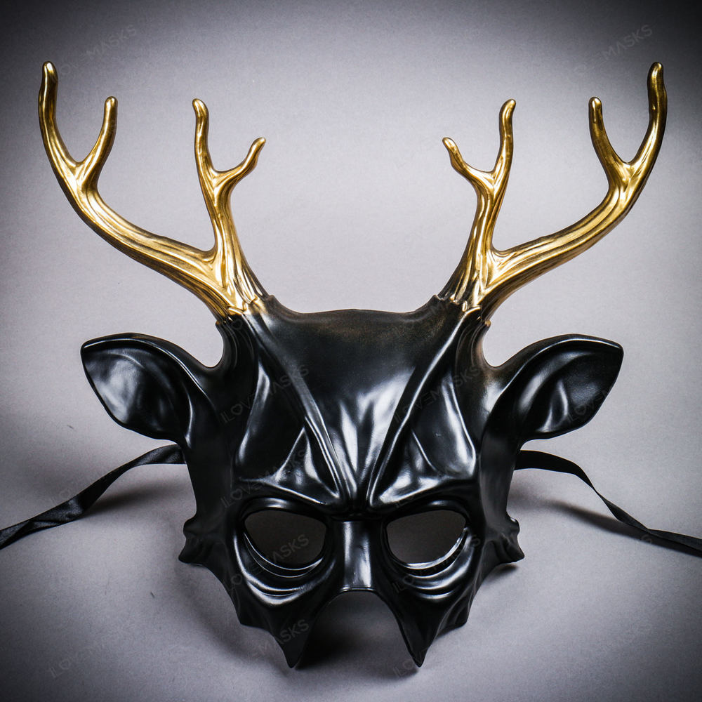 Antler Deer Gold Horn Devil Halloween Masquerade Mask - Black